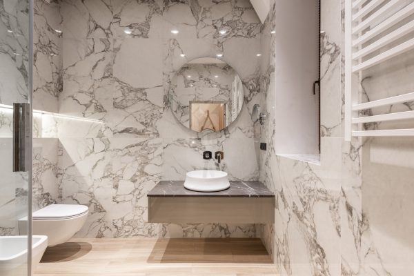 bathroom with Carrara marble tile